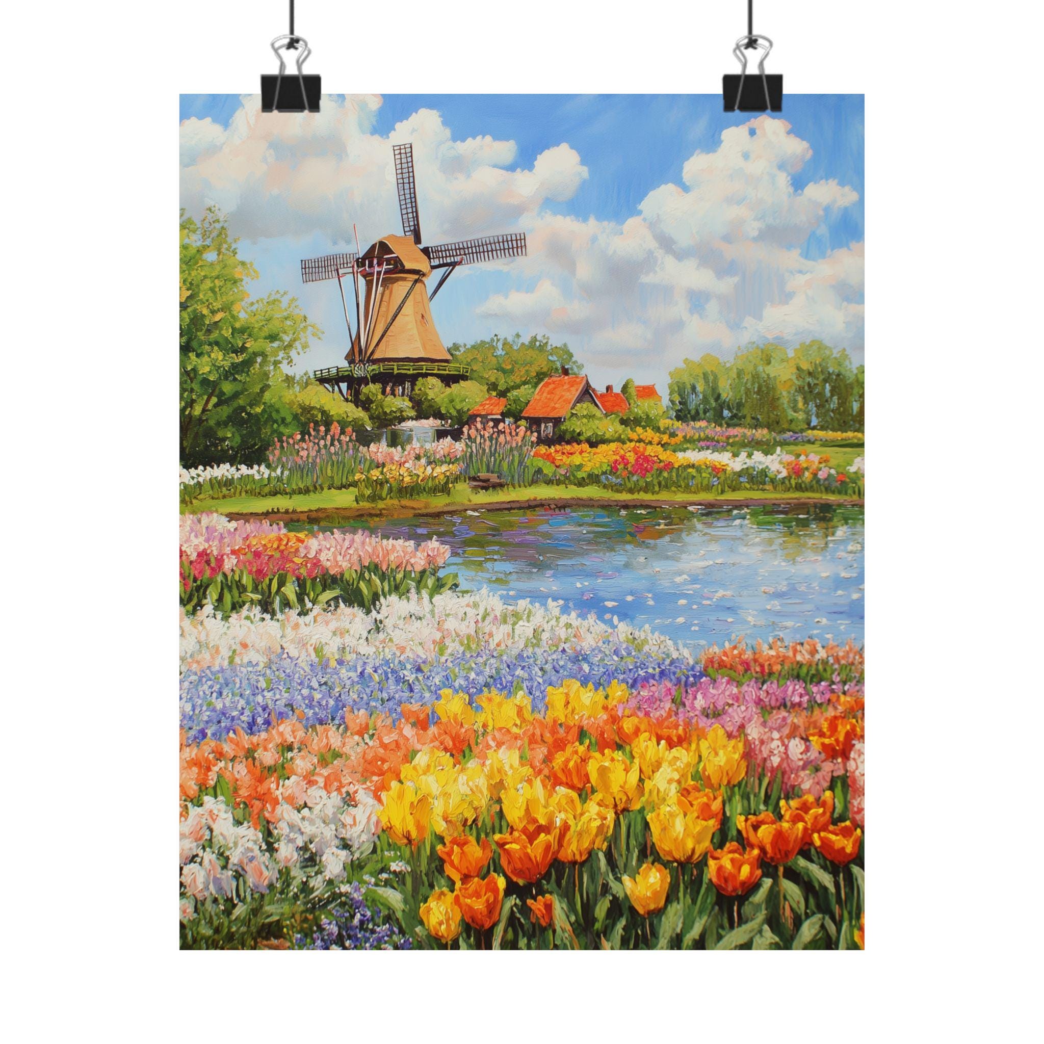 Keukenhof Gardens Art Print: Dutch Windmill & Tulip Field Gouache