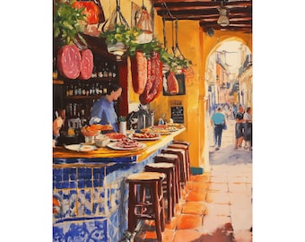 Seville Tapas Bar Art Print - Spanish Scene Painting, Restaurant & Food Wall Decor, Restaurant Décor, Chef Gift, Spain Travel Souvenir