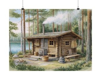 May include: Watercolor print of a rustic wooden sauna nestled in a forest. The sauna has a chimney, small windows, and a wooden bench. Smoke rises from the chimney, and the scene includes a lake and tall trees.
