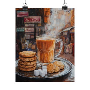 May include: A painting depicting a glass of chai tea with steam rising from it, served on a silver tray with biscuits and sugar cubes. The background shows a bustling street scene in India.