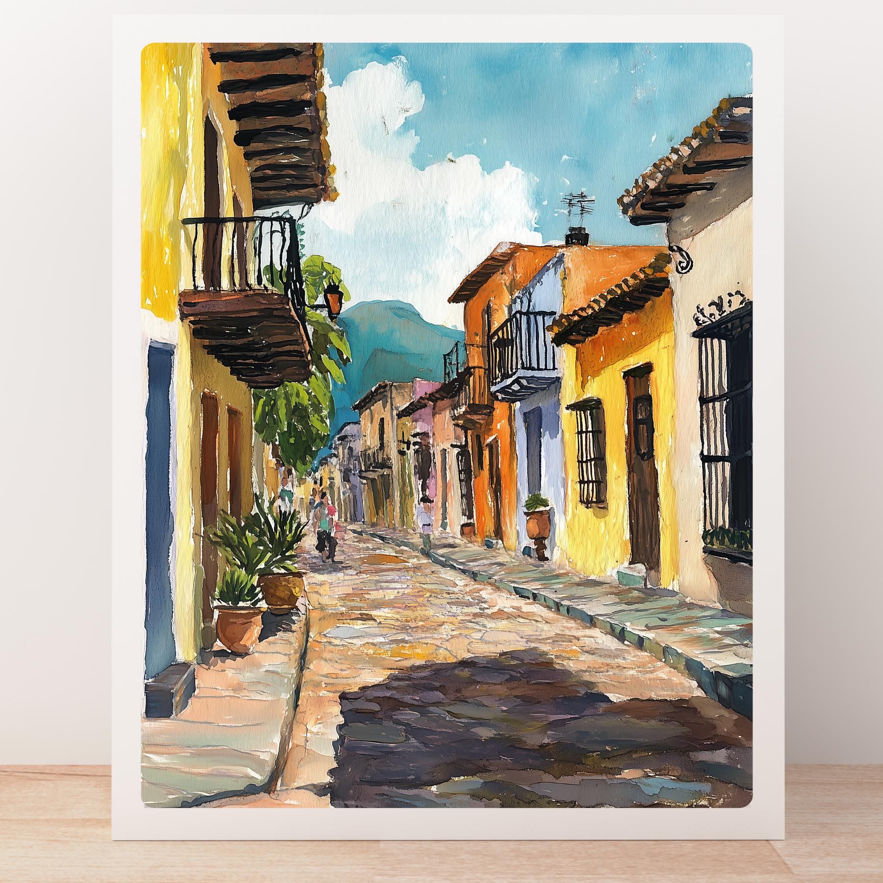 Oaxaca Street Scene Art Print: Colorful Mexican Town Giclée