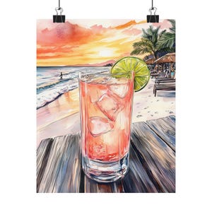 ビーチ パロマ カクテル アート | サユリタ サンセット 水彩画 | メキシコ バケーション ペインティング | トロピカル コースタル ウォール デコレーション | メキシコのホリデー お土産