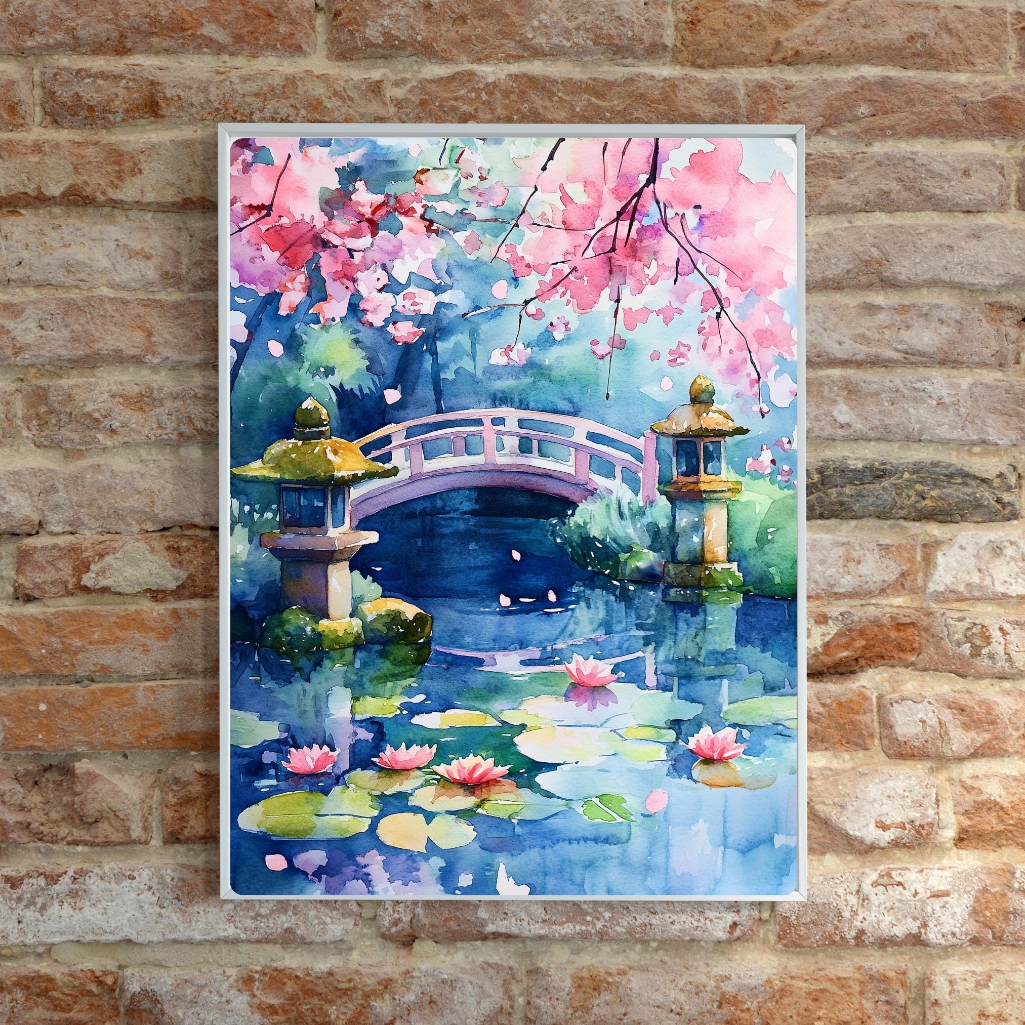 日本庭園の水彩画：桜、禅橋、鯉の池 - Etsy 日本