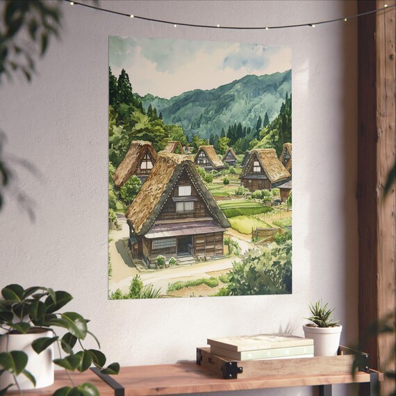 白川郷の水彩画：茅葺き屋根の集落を描いた日本のアートプリント