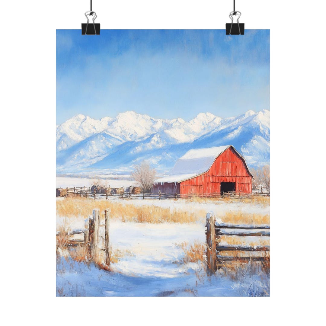 Winter Barn Art | Snowy Mountain Landscape | Red Farmhouse Print ...
