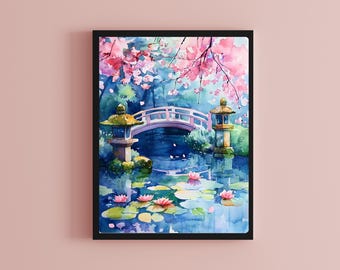 日本庭園の水彩画：桜、禅橋、鯉の池 - Etsy 日本