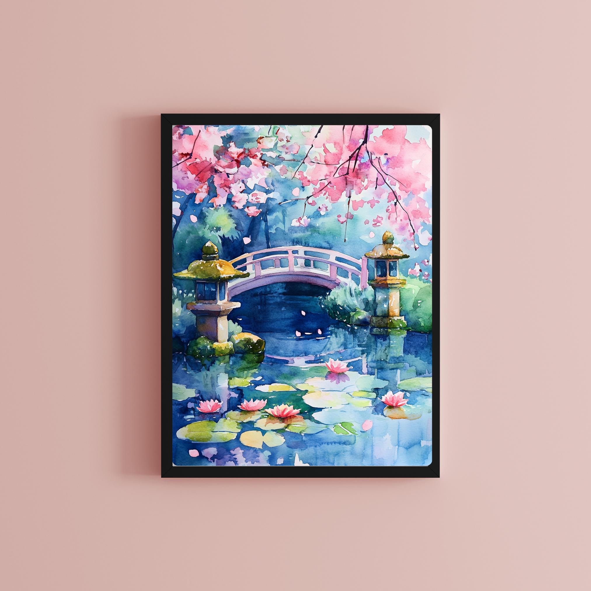 日本庭園の水彩画：桜、禅橋、鯉の池 - Etsy 日本