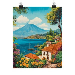 Lake Atitlán Gouache Art Print: Guatemala Volcano Landscape