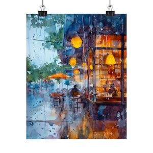 Rainy Coffee Shop Watercolor Art Print - Street Cafe Scene Painting, Cozy Window Wall Decor, Urban Rainy Day Kitchen or Living Room Wall Art