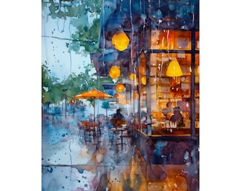 Impression d'art aquarelle café des pluies, peinture de scène de café de rue, décoration murale de fenêtre confortable, art mural urbain cuisine ou salon jour de pluie
