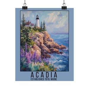 Acuarela del Parque Nacional Acadia / Impresión de la Costa Rocosa de Maine / Arte mural que combina el océano con la montaña / Regalo de Nueva Inglaterra / Póster de parque de EE. UU.