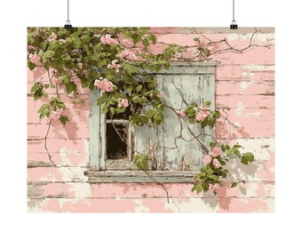 May include: A print of a weathered window with closed shutters, adorned with climbing vines and pink flowers. The wall is painted in shades of pink and white, creating a rustic, vintage aesthetic. The artwork is suspended by two black clips.