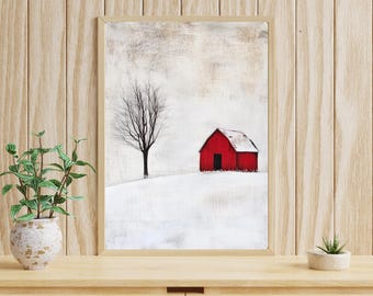 Renditions Gallery Grazing Deer Wall Art, Christmas Decorations, Beautiful Country Snow Covered Red Barn Decor, Premium Gallery Wrapped Canvas Decor, Ready to Hang, 12 in H x 18 in W, Made