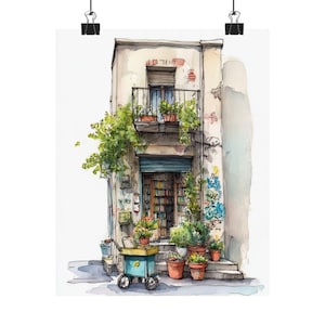趣のある角地の書店のスケッチ | 素朴なインクと水彩画 | 小さなダウンタウンの風景 | 魅力的なグラフィティのファサード | 居心地の良い村の店の装飾
