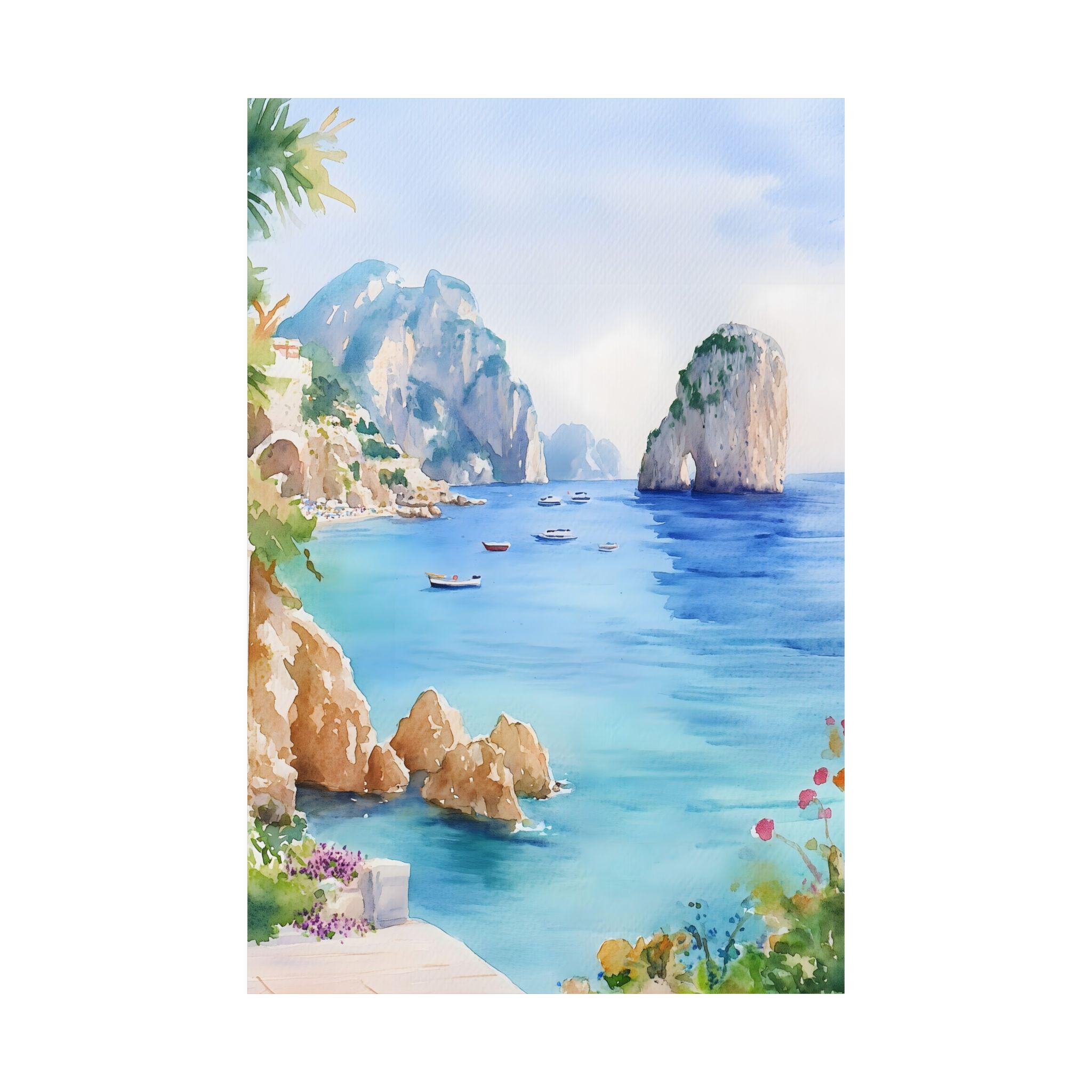 カプリ島の水彩画プリント｜地中海沿岸の風景（美術館品質の用紙使用