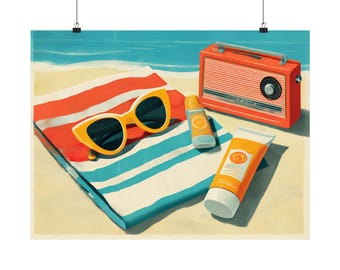 May include: A beach scene featuring a red and white striped towel, yellow sunglasses, orange sunscreen, and a vintage orange radio. The items are arranged on a sandy surface with a blue ocean and sky in the background.