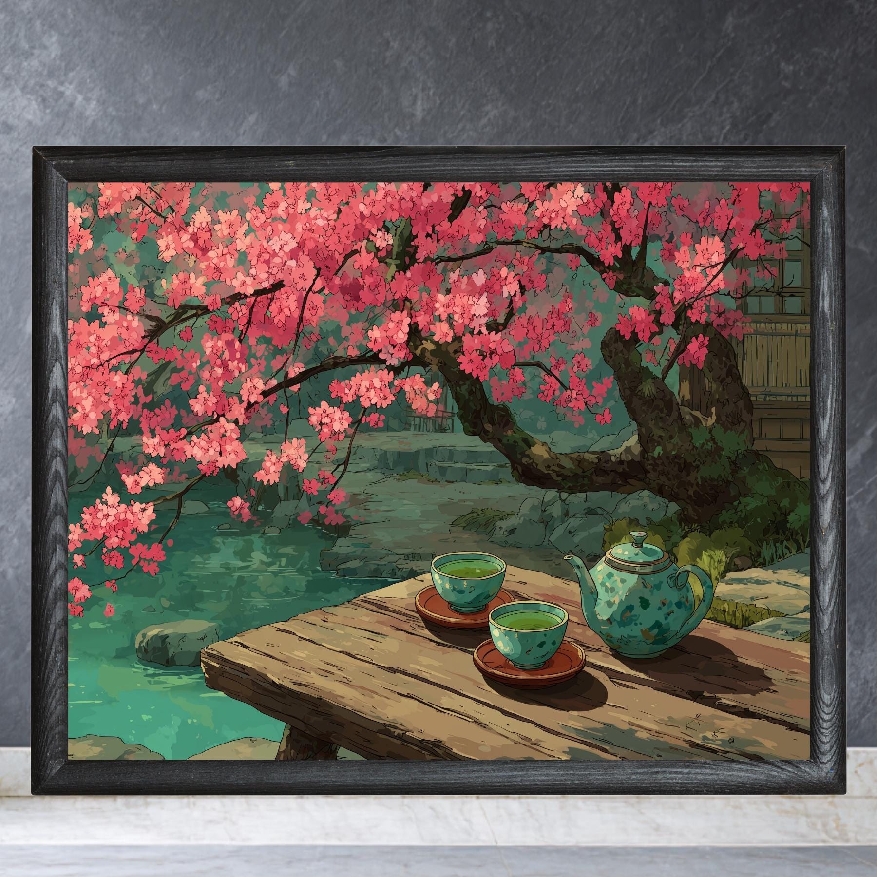 日本庭園の水彩画アートプリント：桜、禅の茶室 - Etsy 日本