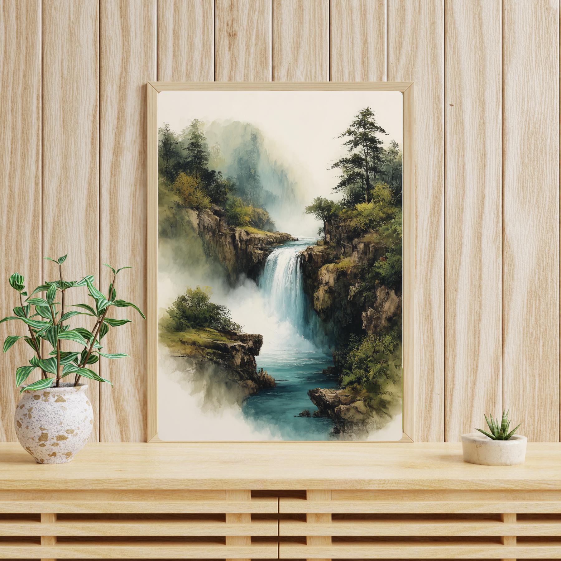 山と滝の版画：中国水墨画風景画 - Etsy 日本