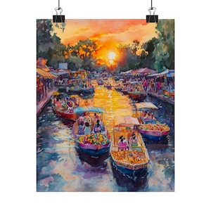 May include: A watercolor painting of a bustling canal market at sunset. Colorful boats filled with people and produce are lined up along the water. The sky is a vibrant orange and yellow, with the sun setting in the distance.