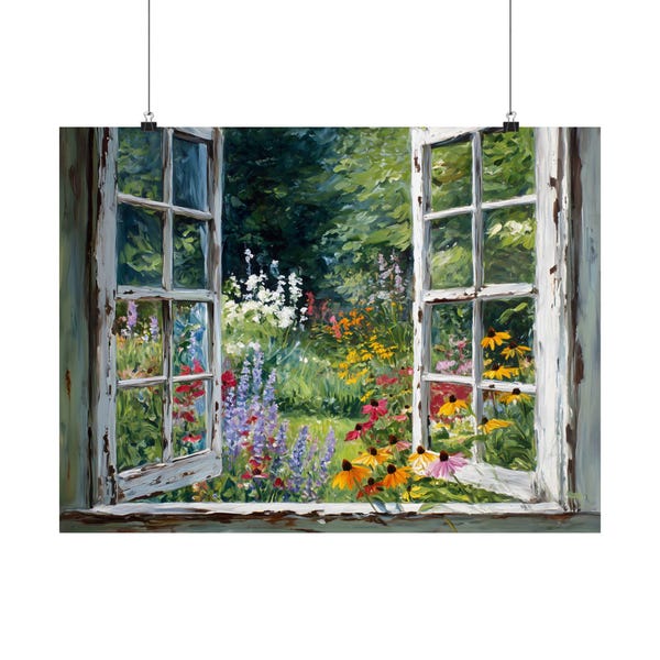 Open Window Art Print: Summer Garden Gouache, Floral Wall Art