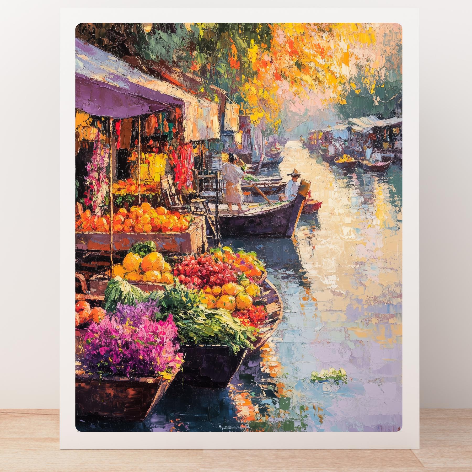 絵画 floating Thailand Floating Market Print: Colorful River Boats, Asian Wall
