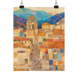 Stampa artistica di Cusco, Perù / Plaza de Armas Tecnica mista / Città delle Ande / Stampa di poster peruviana / Arte murale della cattedrale sudamericana