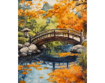 May include: A watercolor painting of a wooden bridge over a pond in a forest. The trees have orange and yellow leaves, and the water reflects the colors of the leaves. There is a small pagoda in the background.