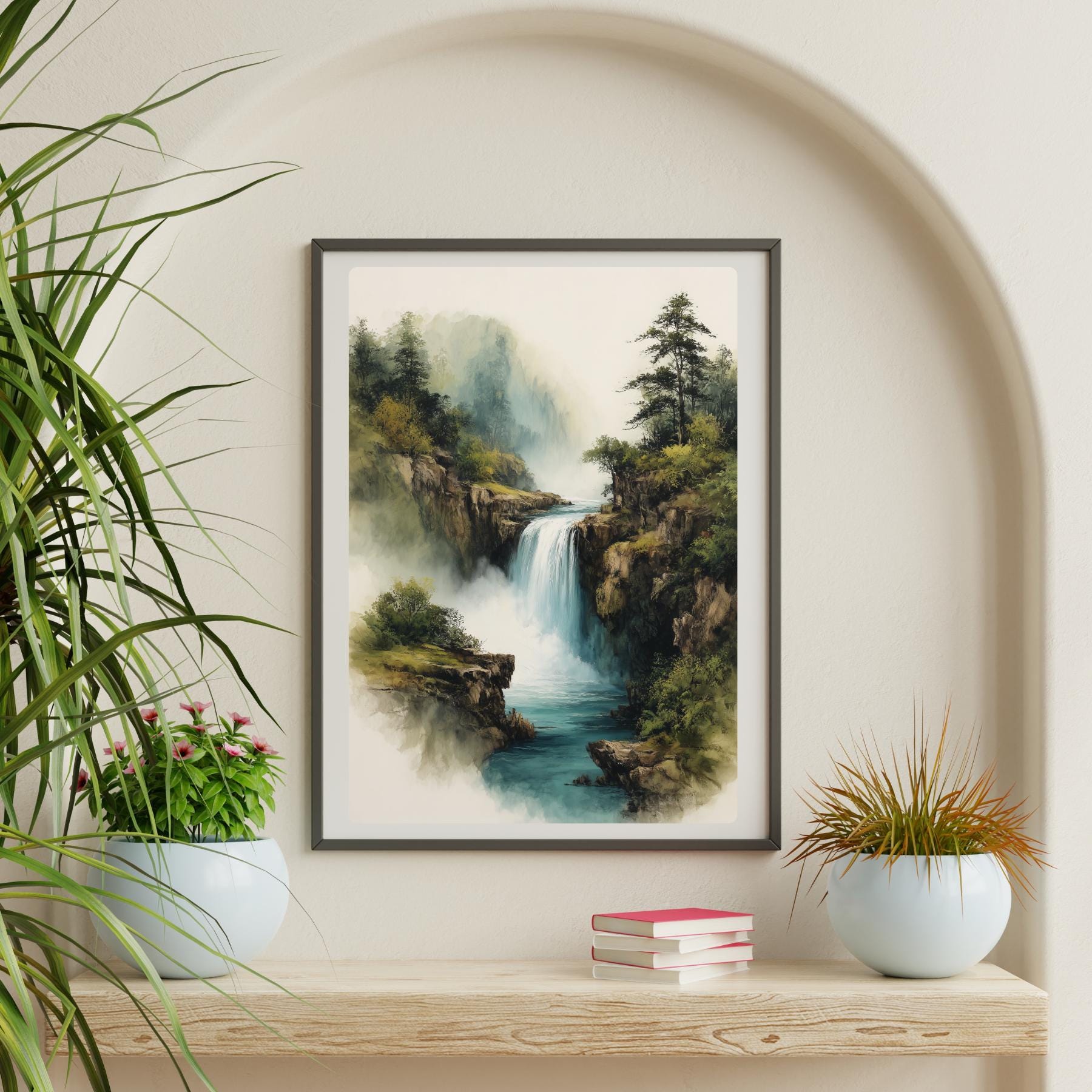 山の滝の版画：中国の水墨山水画 - Etsy 日本