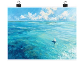 May include: An ocean-themed art print featuring a sailboat on turquoise water under a blue sky with fluffy white clouds. The painting has a textured, impressionistic style, evoking a sense of calm and serenity. The artwork is displayed with black binder clips.