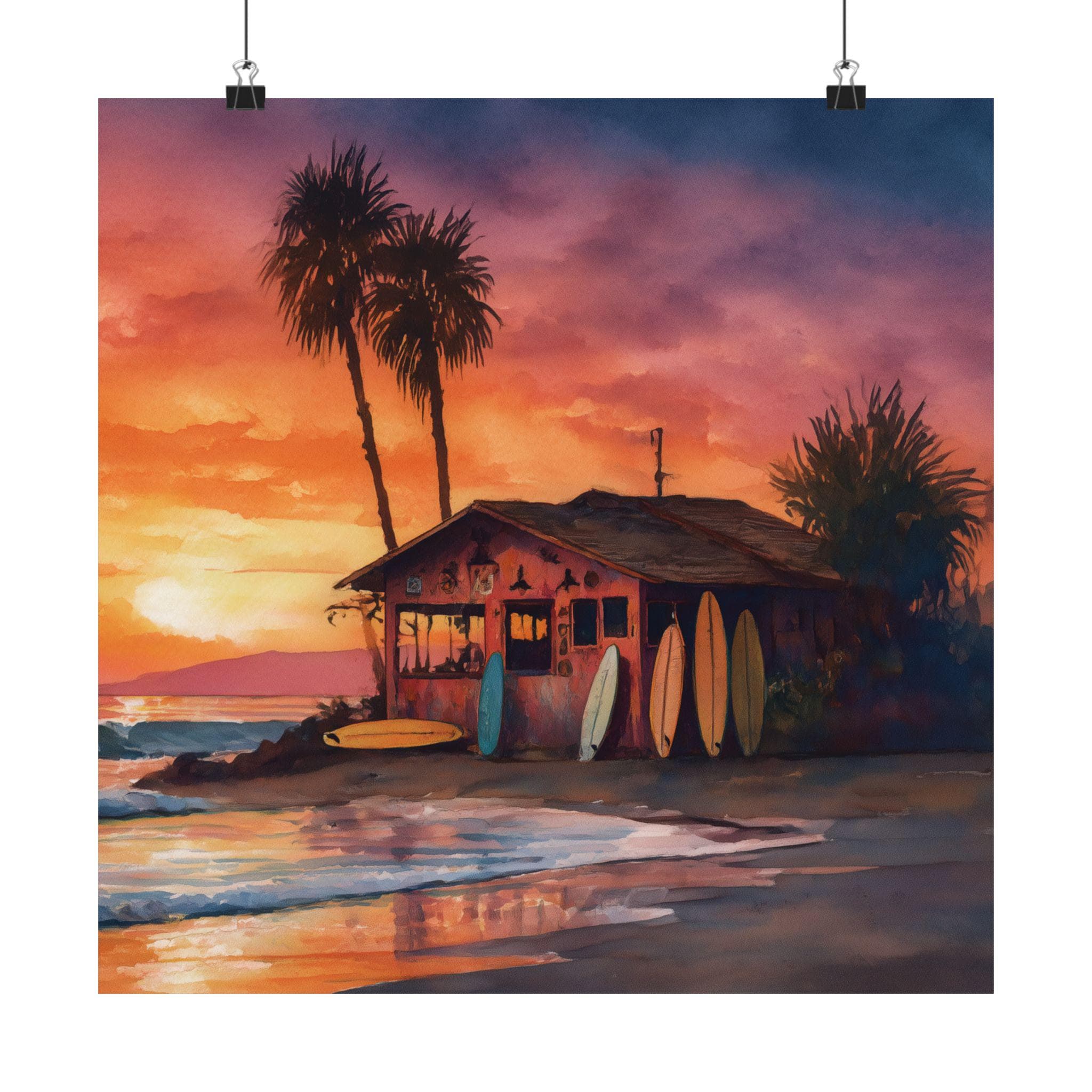 オイルパステル　チョークアート　サーフィン　サンセット　海　インテリア Sunset Beach Surf Shack Art Print – Coastal Palm Tree Wall Decor
