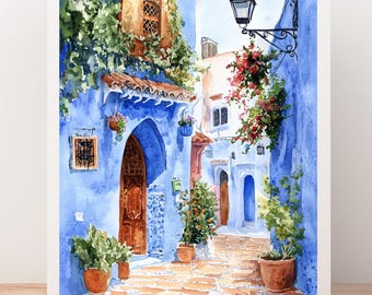 Chefchaouen Morocco Art Print: Blue City Watercolor Street Scene