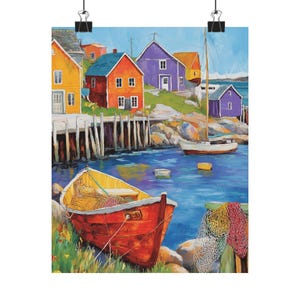 Impresión artística de Terranova / Pintura colorida de un pueblo pesquero / Paisaje marino costero / Decoración de pared de Canadá / Decoración náutica para el hogar