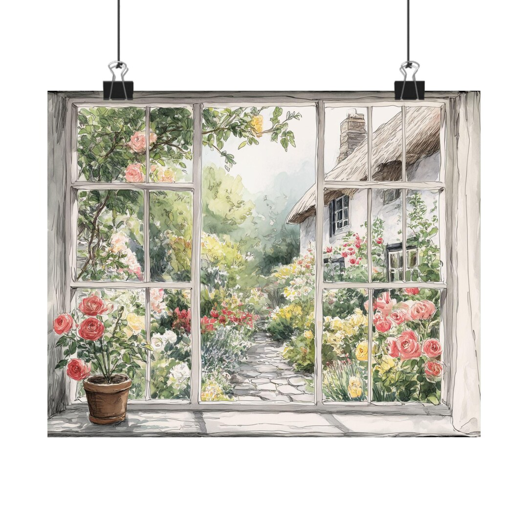 English Cottage Art Print: Rose Garden Window View - Etsy