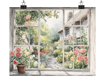 May include: Watercolor print of a garden scene viewed through a window. The window frames a lush garden path, a cottage with a thatched roof, and vibrant flowers in shades of red, pink, yellow, and white. A potted rose plant sits on the windowsill.