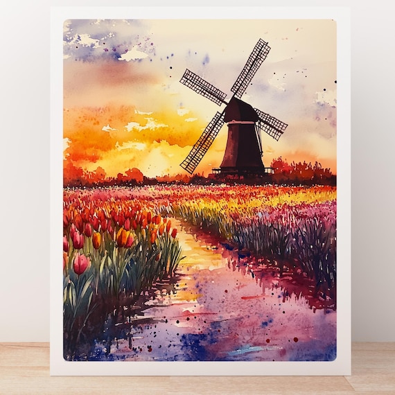 オランダの風車の水彩画：チューリップ畑の夕焼け風景 - Etsy 日本