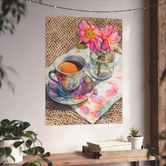 花柄コーヒーカップの水彩画：静物画キッチンアートプリント - Etsy 日本