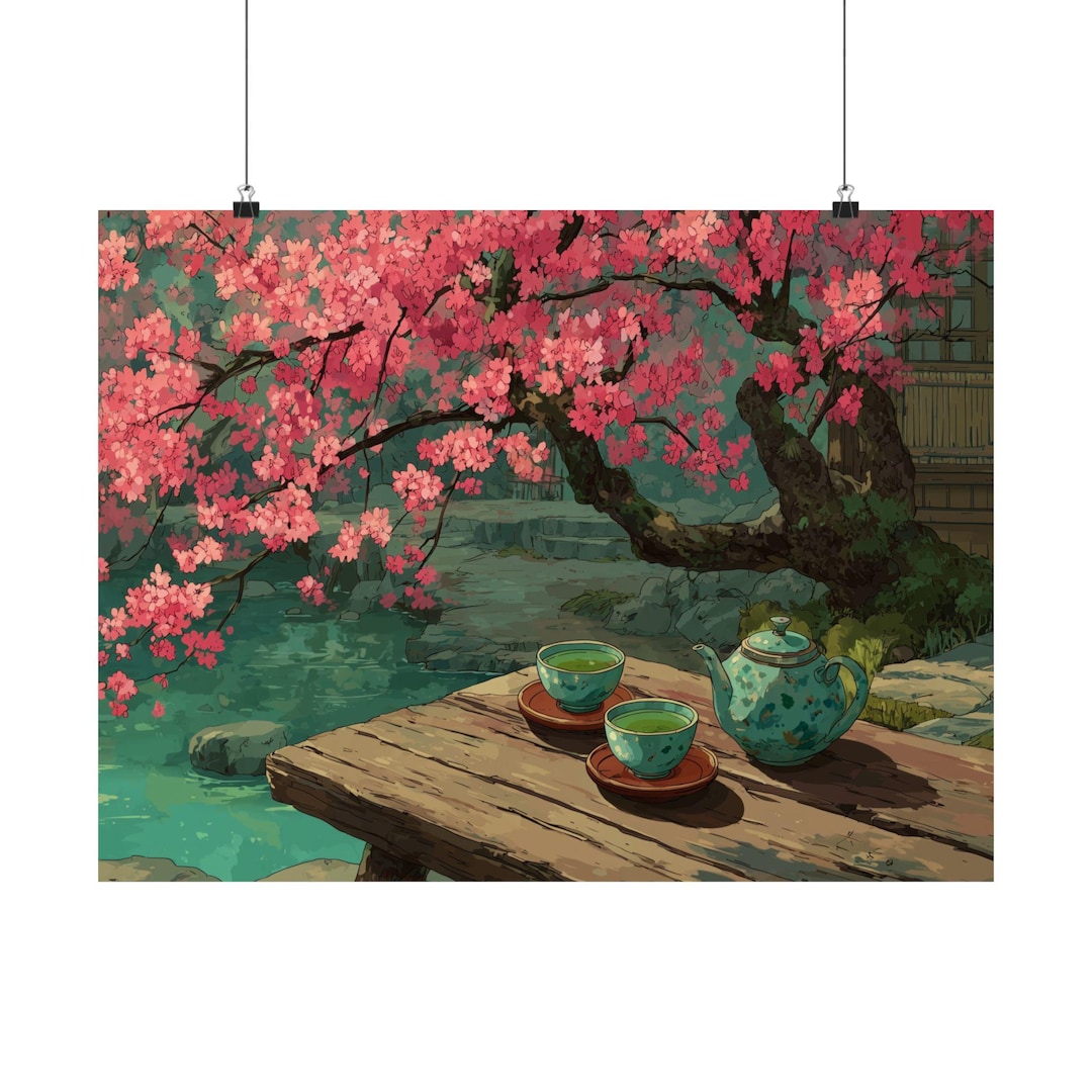 日本庭園の水彩画アートプリント：桜、禅の茶室 - Etsy 日本