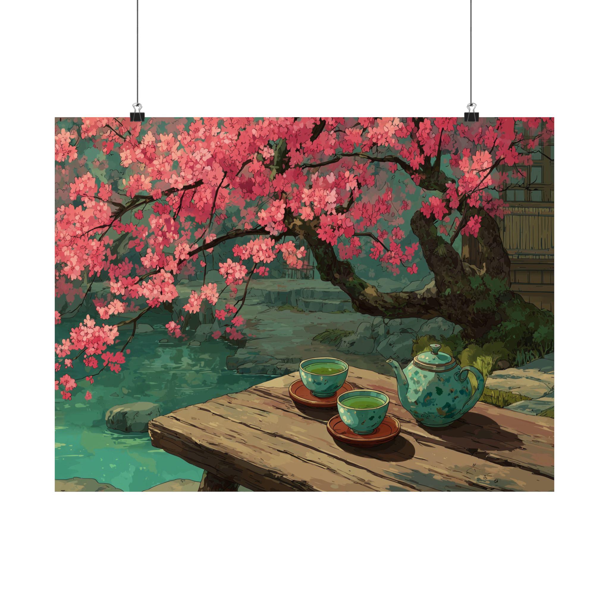 日本庭園の水彩画アートプリント：桜、禅の茶室 - Etsy 日本