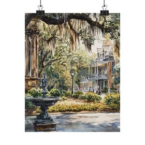 Savannah Georgia Art Print: Historic Town Square Watercolor Painting, Spanish Moss Decor