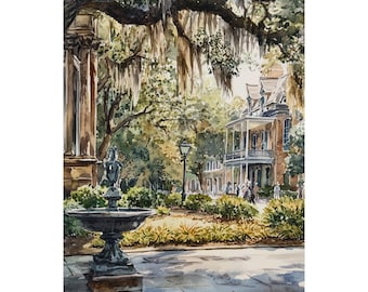 Savannah Georgia Art Print: Historic Town Square Watercolor Painting, Spanish Moss Decor