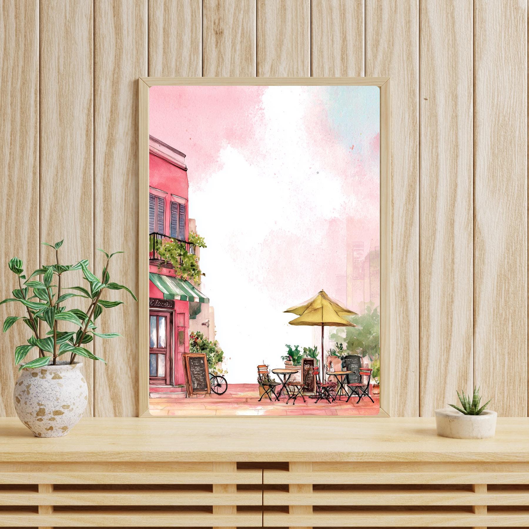 パリのカフェ水彩画：ピンクの建物、ヨーロッパの街並み - Etsy 日本