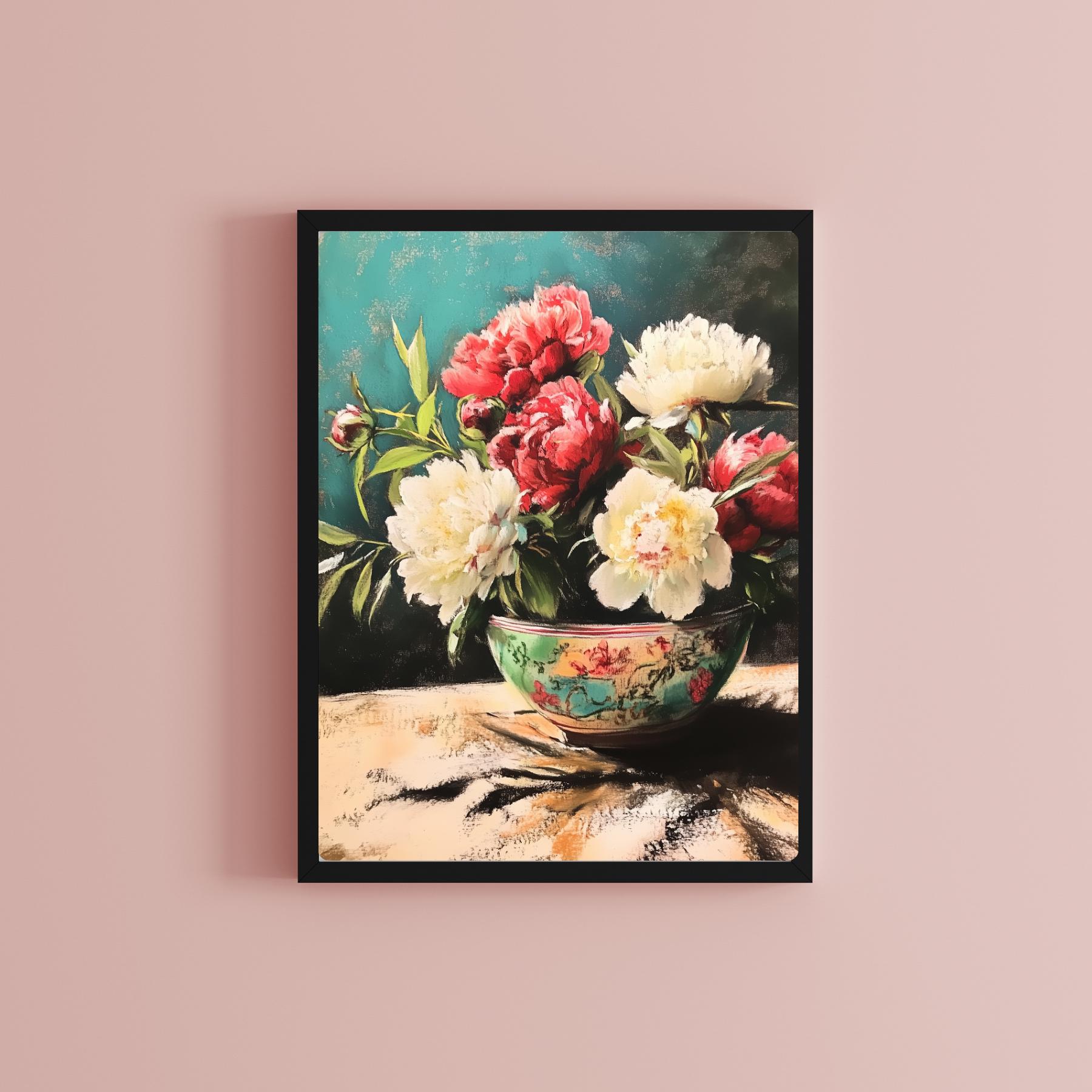 牡丹の静物画アートプリント：花の絵画、青緑色の背景 - Etsy 日本