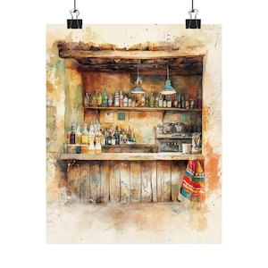 Oaxaca Mezcaleria Watercolor Art Print: Rustic Mexico Bar Decor
