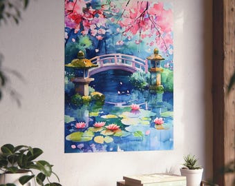 日本庭園の水彩画：桜、禅橋、鯉の池 - Etsy 日本