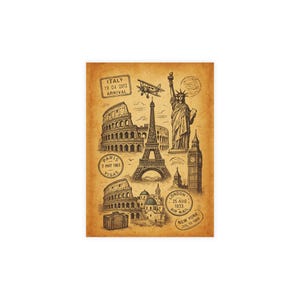 Pacote de Cartões Postais de Viagem Vintage | Impressão de Marcos Europeus | Paris, Roma, Londres, Nova York | Decoração de Diário de Scrapbook | Coleção de Arte Wanderlust
