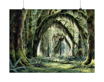 Wydruk artystyczny „Hoh Rainforest”: Akwarela z mchem w lesie, wystrój natury w północno-zachodnim Pacyfiku