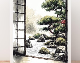 日本の禅庭園のアートプリント：静かなアジアの風景 - Etsy 日本
