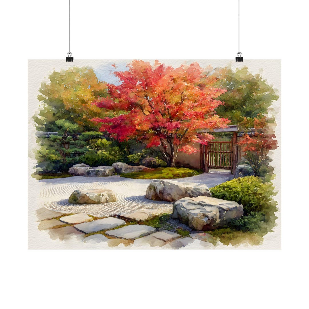 Zen Garden Art Print: Japanese Landscape Watercolor, Autumn Wall Decor ...