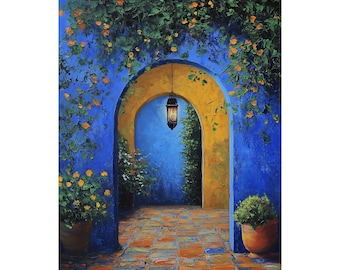 Moroccan Courtyard Print: Blue Mediterranean Garden Art