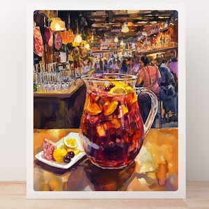 Sztuka baru tapas w Barcelonie | Malarstwo hiszpańskiej sangrii | Żywa scena barowa | Sztuka ścienna z drinkami i tapas | Wydruk z podróży po Hiszpanii | Pobieranie cyfrowe